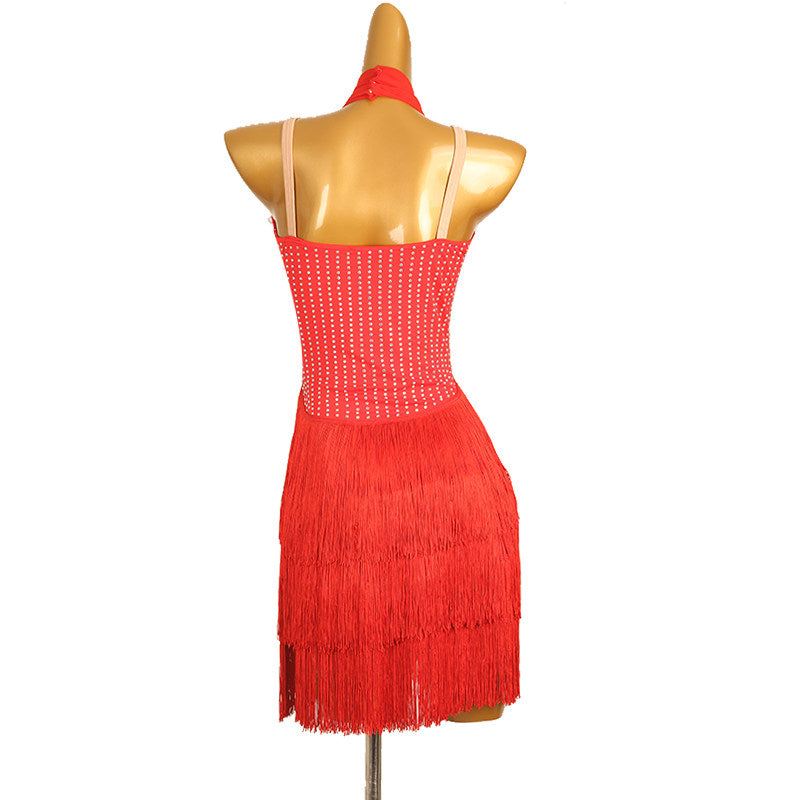 Red latin dance dress with halter tie and tiered tassel fringe skirt