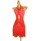 Red halter tie latin dance dress front view showing the stone panels