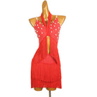 Red halter tie latin dance dress angled view with the fringe tiers
