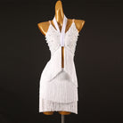White halter tie latin dance dress side view with the fringe stack