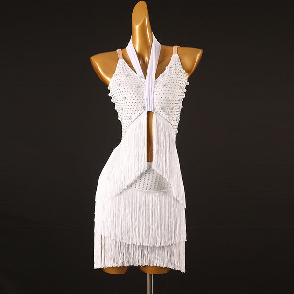 White halter tie latin dance dress side view with the fringe stack