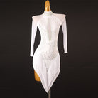 White latin dance dress with stones set to a lace pattern and high collar