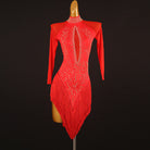 Red latin dance dress with stone lace pattern and keyhole high collar