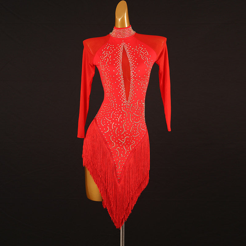 Red latin dance dress with stone lace pattern and keyhole high collar