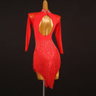 Red stone lace latin dance dress rear view with the open back