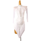 White stone lace latin dance dress front view showing the fringe hem