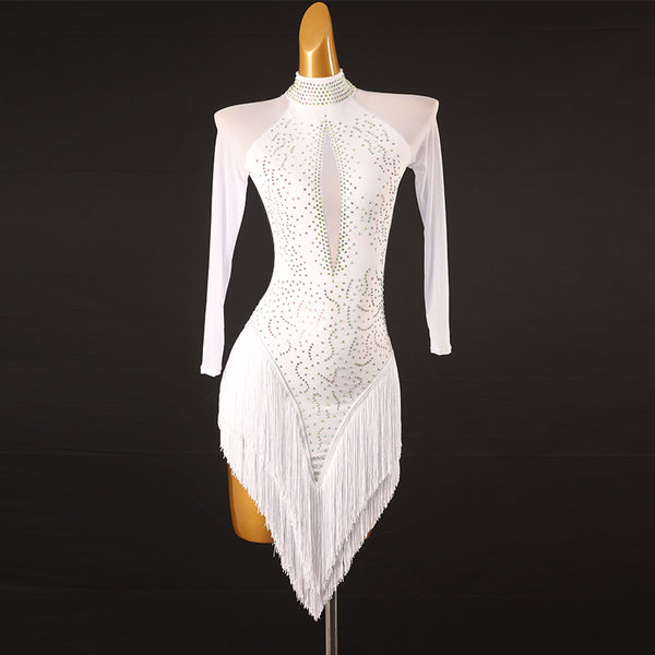 White stone lace latin dance dress side view with the front split