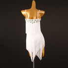 White jewel strap latin dance dress angled view showing the fringe petals