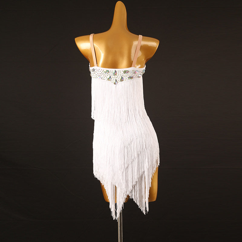 White jewel strap latin dance dress angled view showing the fringe petals
