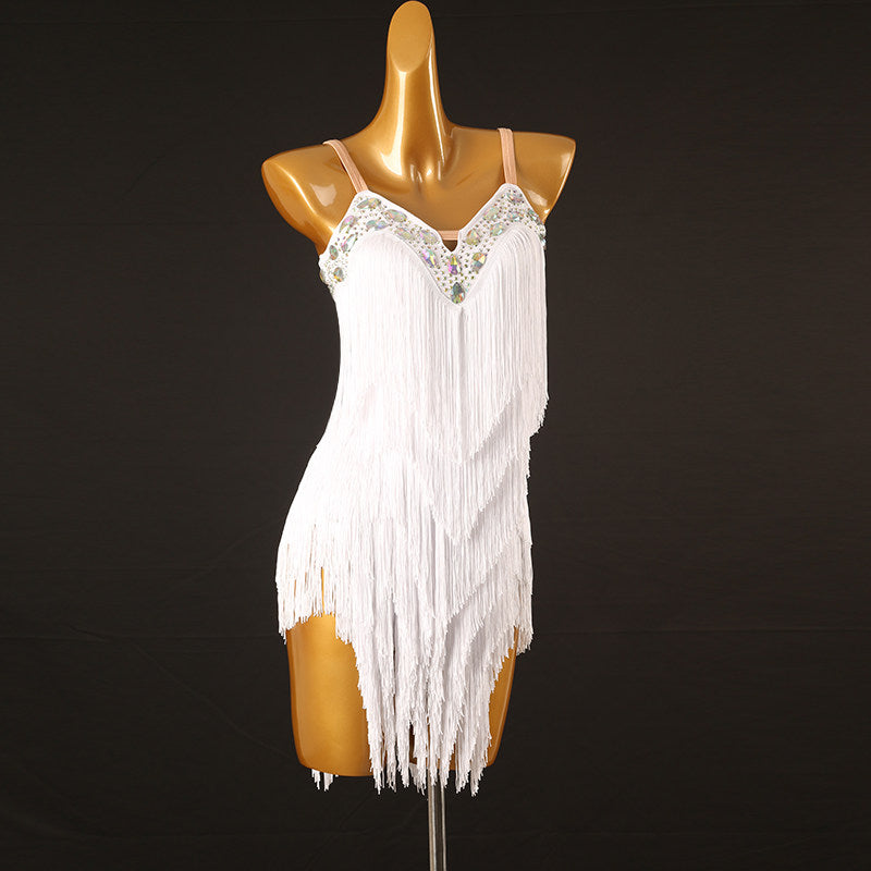 White jewel strap latin dance dress rear view with the open back