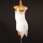 White jewel strap latin dance dress front view showing the neckline jewels