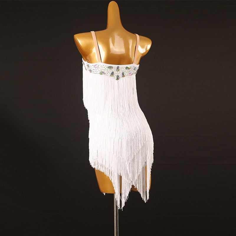 White jewel strap latin dance dress front view showing the neckline jewels
