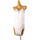 White jewel strap latin dance dress side view with the fringe overlapping