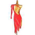 Red stone edge latin dance dress rear view showing the bare back