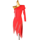 Red stone edge latin dance dress angled view with the hem teeth apart