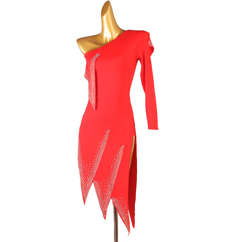 Red stone edge latin dance dress angled view with the hem teeth apart