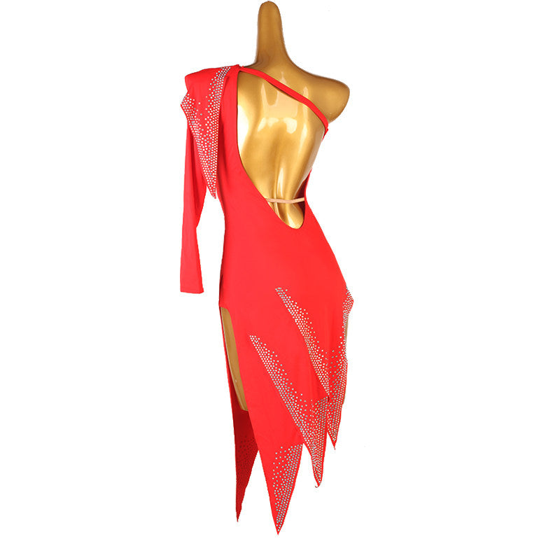 Red stone edge latin dance dress showing the back opening from behind