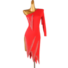 Red stone edge latin dance dress front view with the high side split