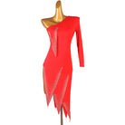 Red stone edge latin dance dress side view showing the one long sleeve