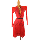 Red latin dance dress with buckled plunge front and chevron fringe skirt