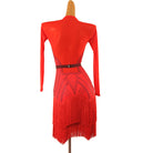Red buckle front latin dance dress rear view showing the bare back