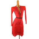 Red buckle front latin dance dress angled view with the stone hip panel