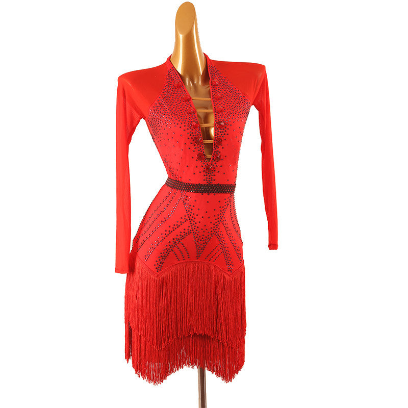 Red buckle front latin dance dress angled view with the stone hip panel