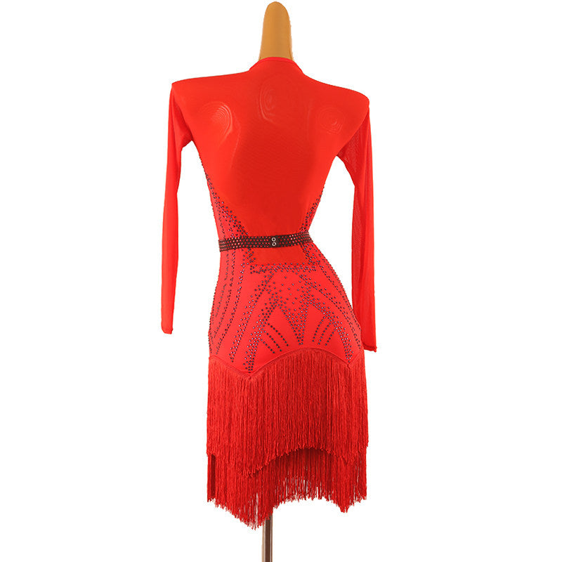 Red buckle front latin dance dress showing the back and waist belt