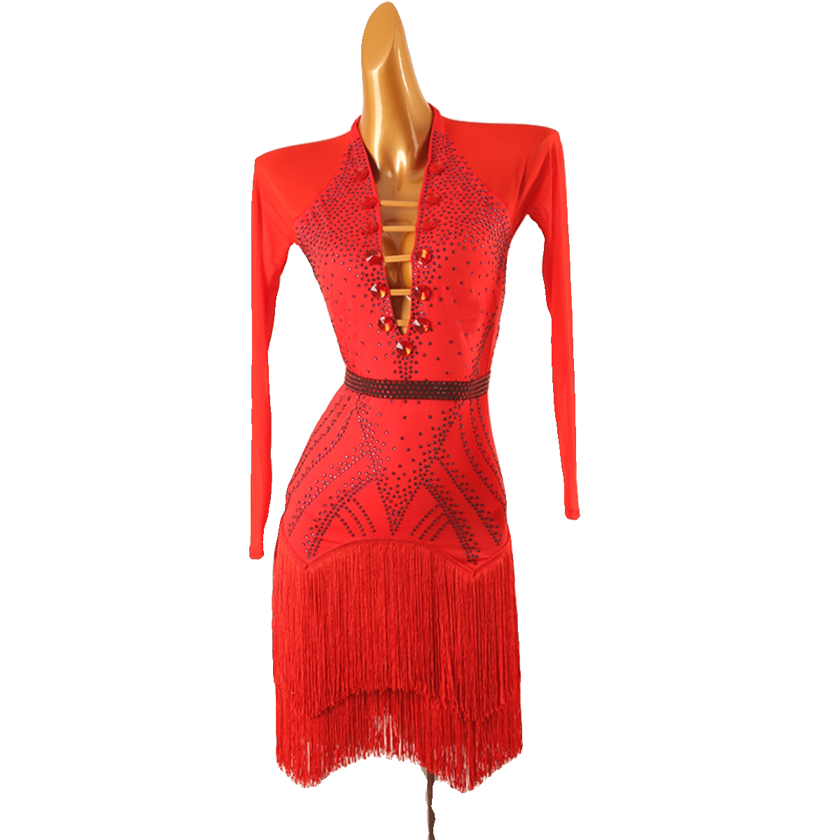 Red buckle front latin dance dress front view with the fringe bands