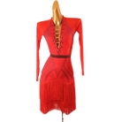 Red buckle front latin dance dress front view with the fringe bands