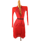 Red buckle front latin dance dress side view showing the long sleeve