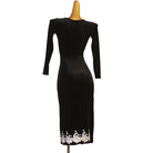 Black velvet lace applique latin dance dress rear view showing the long line