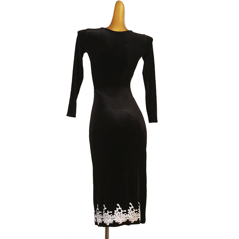 Black velvet lace applique latin dance dress rear view showing the long line