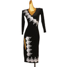 Black velvet lace applique latin dance dress angled view with the side slit