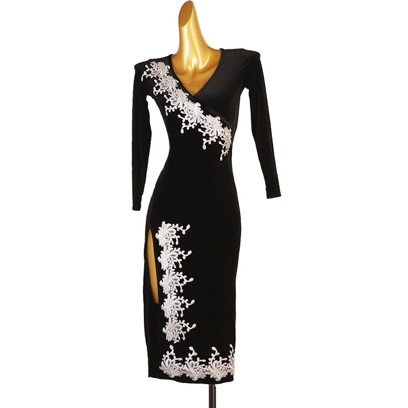 Black velvet lace applique latin dance dress angled view with the side slit