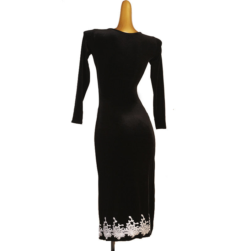 Black velvet lace applique latin dance dress front view showing the hem