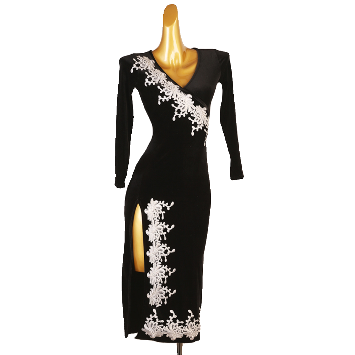 Black velvet lace applique latin dance dress side view with the appliques