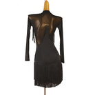 Black bead fringe collar latin dance dress rear view showing the mesh back