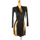 Black bead fringe collar latin dance dress front view with the leg splits