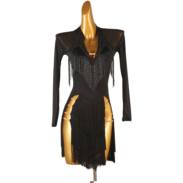 Black bead fringe collar latin dance dress side view showing the sleeve