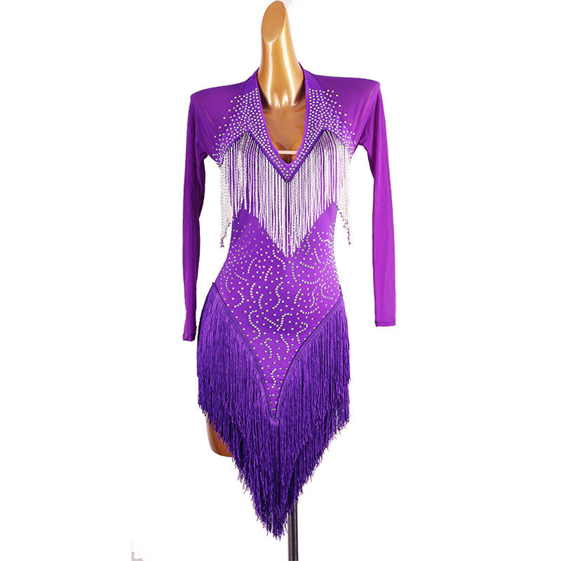 Purple latin dance dress with stone lace pattern and plunge neckline