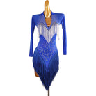 Blue latin dance dress with stone lace front and layered tassel fringe