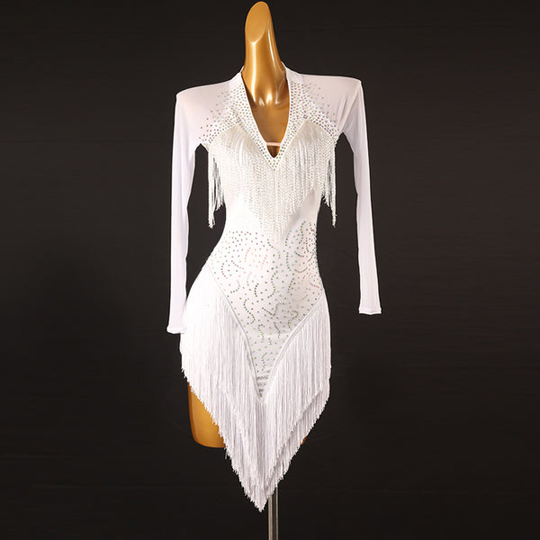White lace stone latin dance dress side view showing the fringe layers