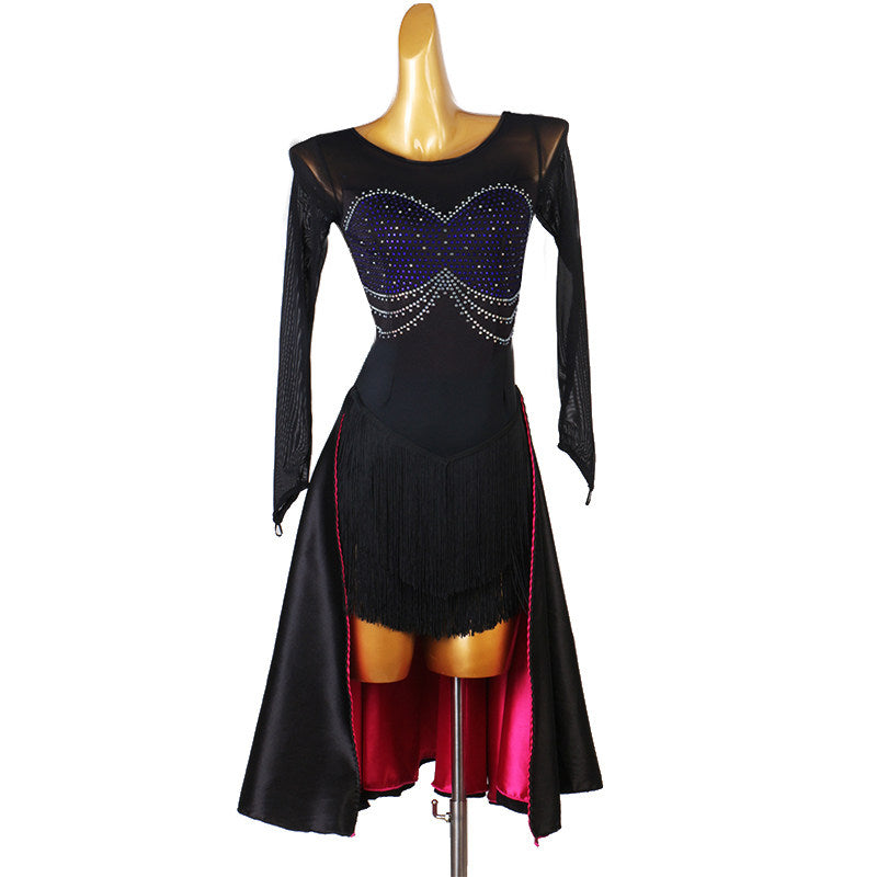 Black latin salsa dance dress with crystal swags and contrast lined circle skirt