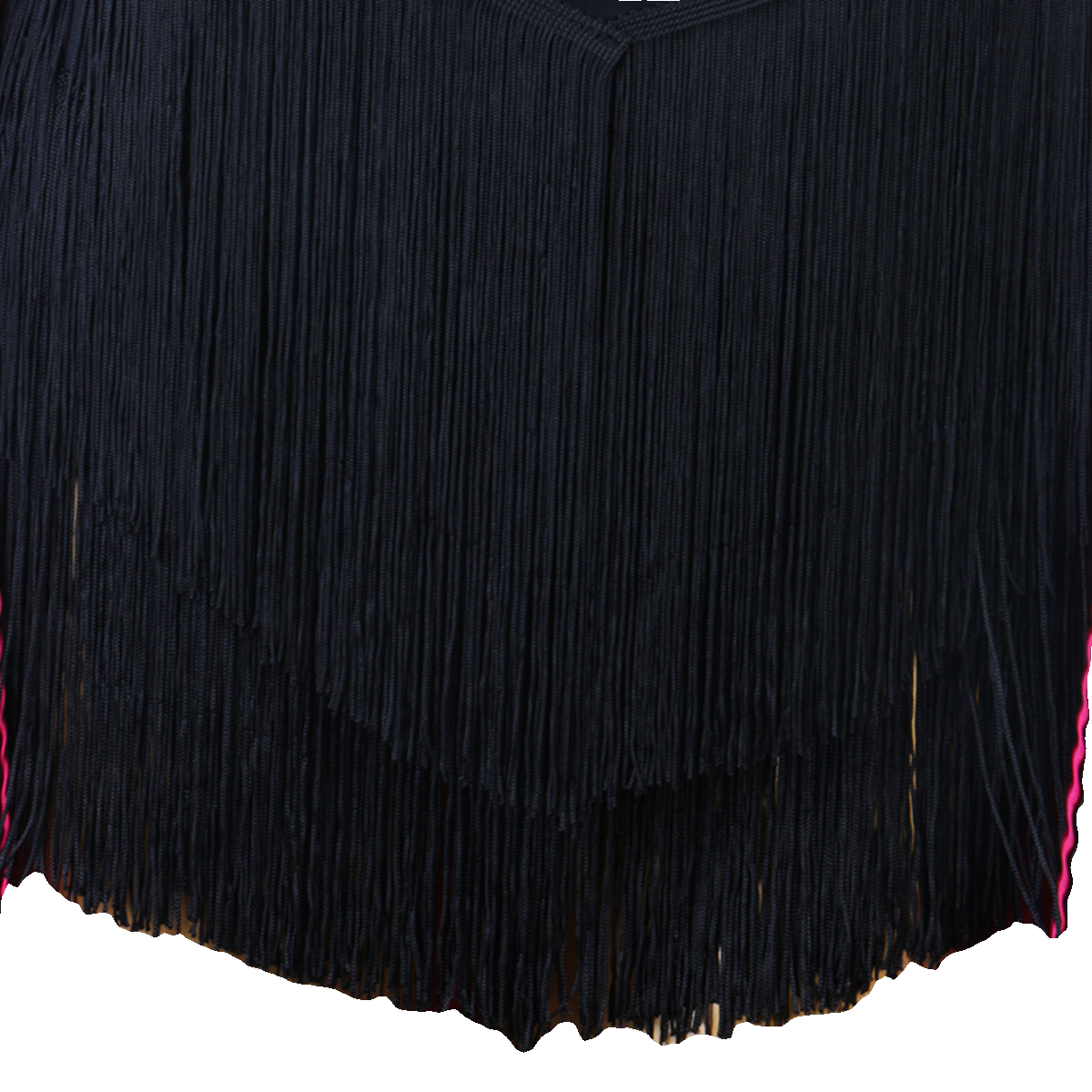 Close view of the black fringe overlay on the skirt