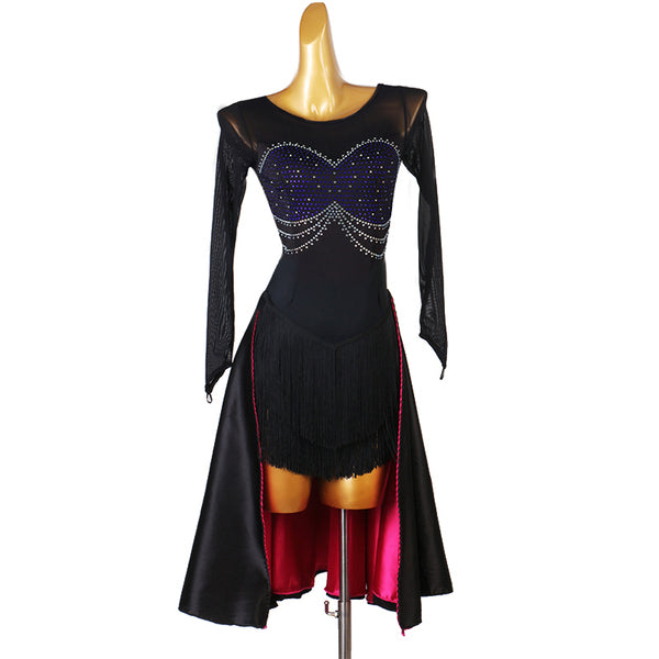 Black crystal swag latin salsa dance dress front view with the fringe hanging