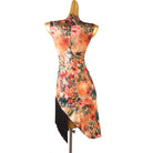 Rose print latin salsa dance dress angled view showing the asymmetric hem