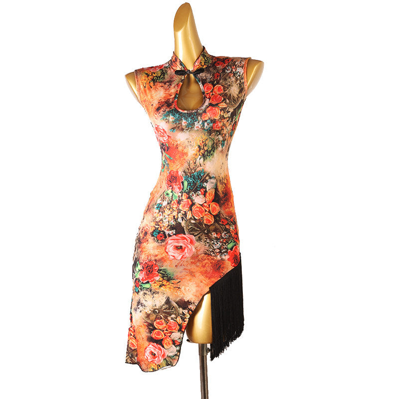 Rose print latin salsa dance dress side view with the fringe tabs