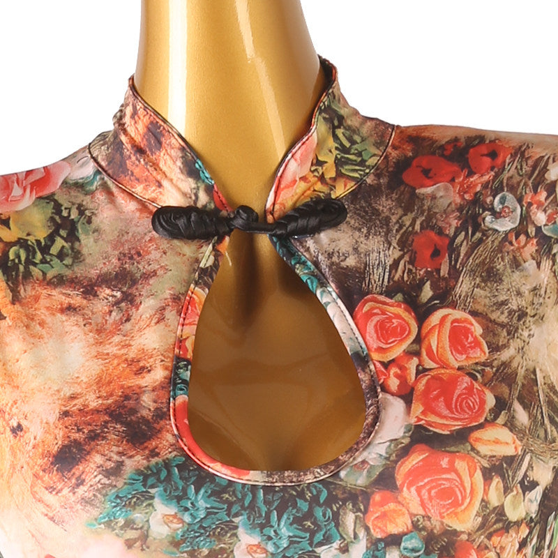 Close view of the knotted loop fastening on the mandarin collar