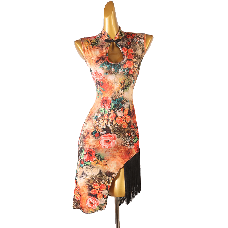 Rose print latin salsa dance dress front view showing the keyhole neckline